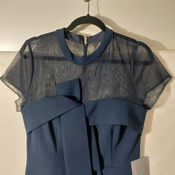 JS Collections Bow Detail Midi Dress Navy Blue Mesh Top Size 10 NWT - Picture 6 of 13